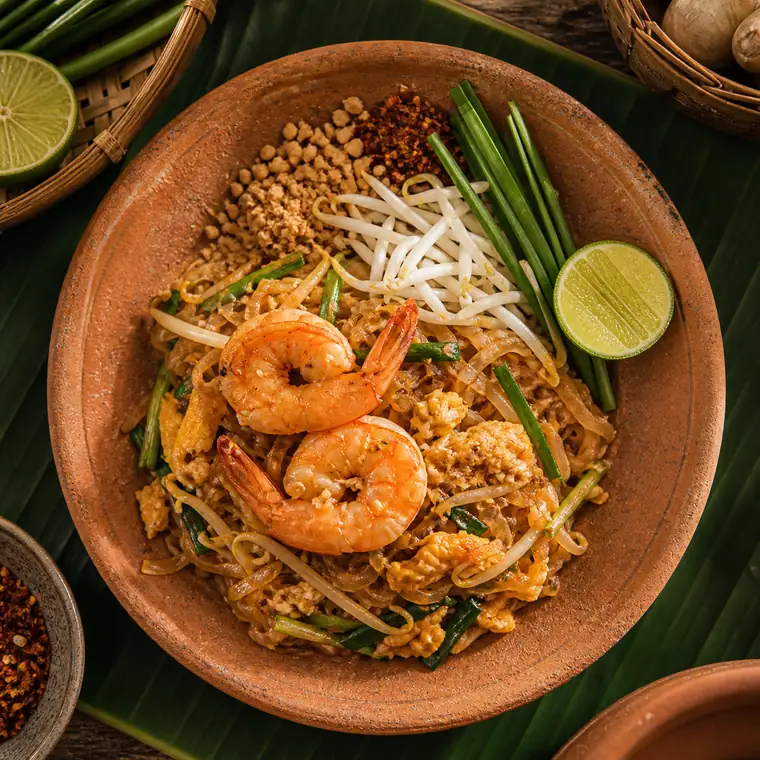 ผัดไทยกุ้งบนจานดินเผาพร้อมมะนาวและถั่วบด