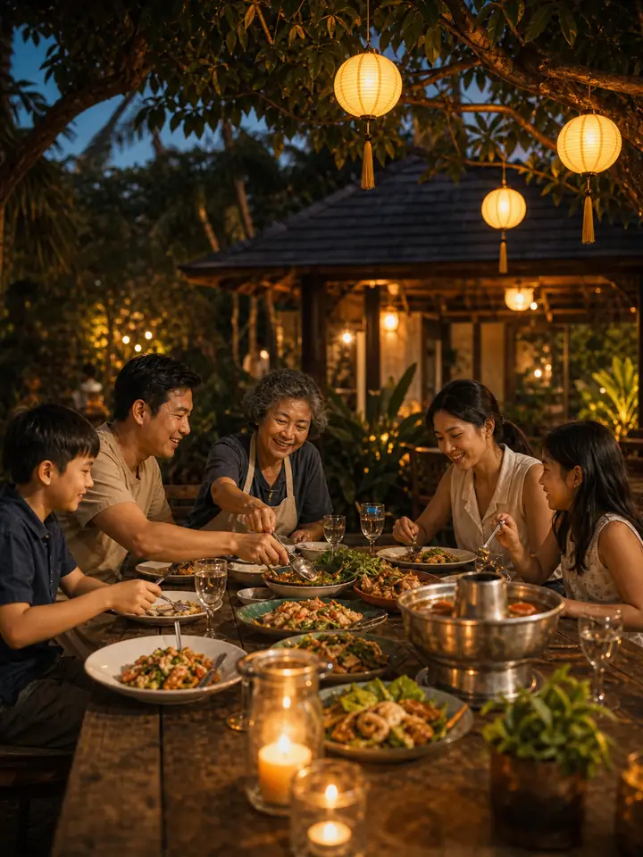 ครอบครัวไทยรับประทานอาหารในสวนหัวหินใต้แสงโคม