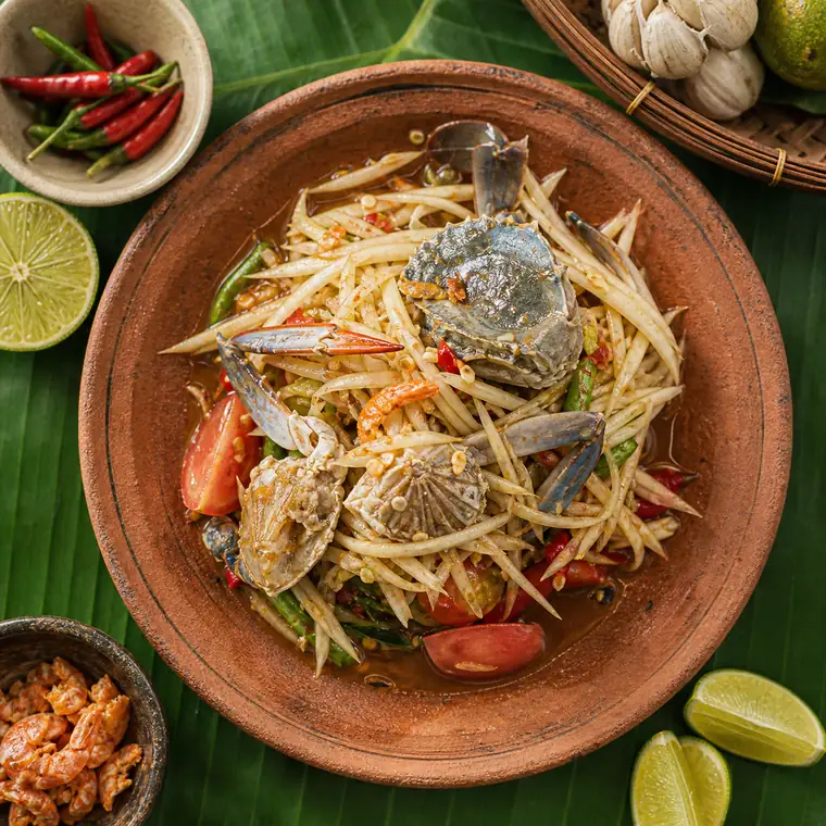 ส้มตำปูบนจานดินเผาพร้อมพริกสดและมะนาว