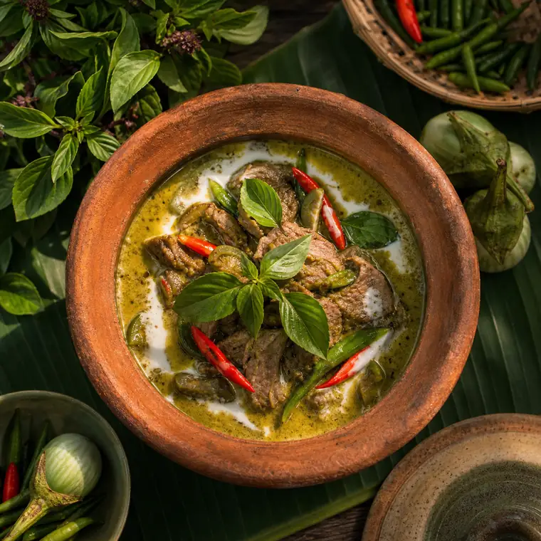 แกงเขียวหวานเนื้อตุ๋นในชามดินเผาบนใบตอง