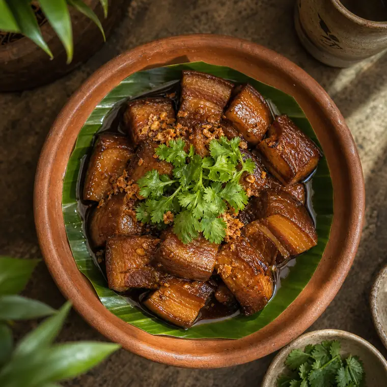 หมูฮ้องเคี่ยวซีอิ๊วดำบนจานดินเผา