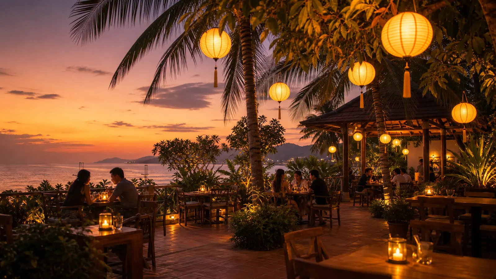 ระเบียงร้านอาหารสวนไทยในหัวหินยามค่ำใต้แสงโคมกระดาษ